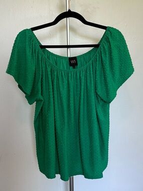 W5 Textured Swiss Dot Blouse | Green | Size L | Blousy Off-Shoulder Top